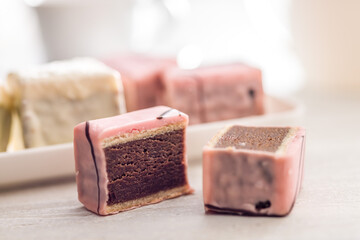 Sweet dessert cake. Mini pie on kitchen table.