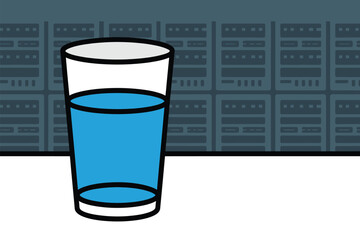 Glass of water sits before a background of server racks representing.