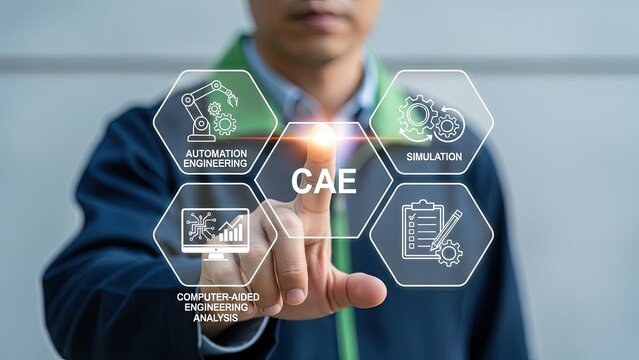 Engineer interacting with computer-aided engineering interface in modern workspace
