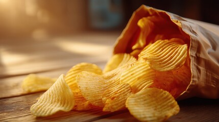 Ribbed potato chips spilled on wooden table