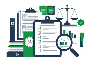 Magnifying glass reviews compliance checklist against legal scale.