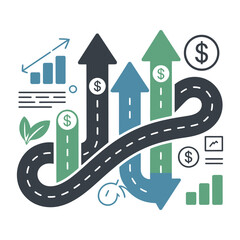 Winding road visualizes confusing financial strategy with rising.