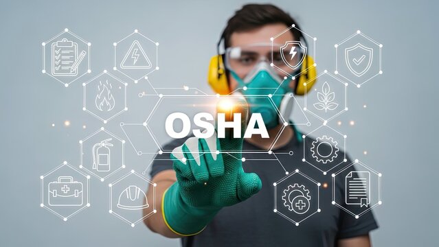 Worker in protective gear interacting with OSHA safety icons digitally