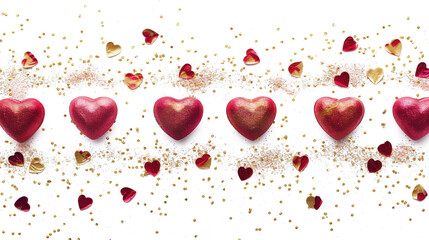 Watercolor Red Hearts Border with Gold Confetti on White Background