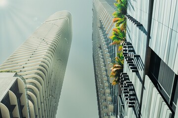 Dramatic, low-angle "worm's-eye view" of two modern skyscrapers reaching into a clear, bright sky