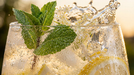 Macro Shot of Effervescent Sparkling Lemonade with Mint and Splash at Sunset