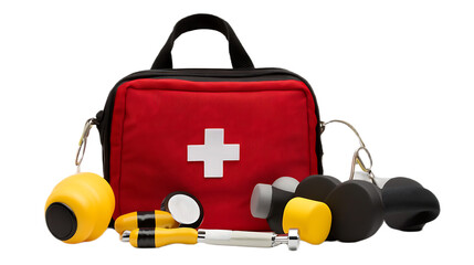 First Aid Kit with Fitness Gear on Black Background