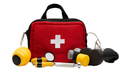 First Aid Kit with Fitness Gear on Black Background