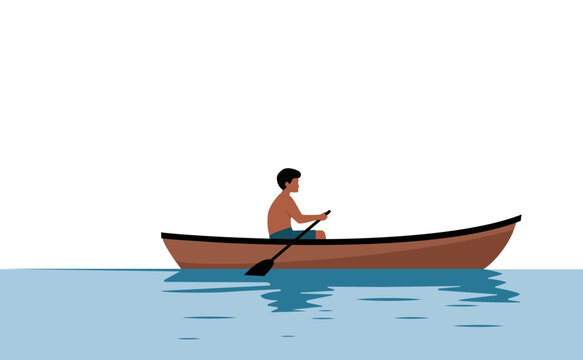 Man rowing small boat solo &ndash; peaceful lake solitude illustration