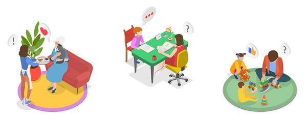 Obraz premium 3D Isometric Flat Illustration of Taking Care of Eldery and Kids, Scenes of Caregiver Services
