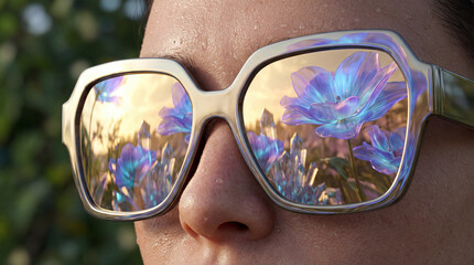 Close-up of Mirrored Sunglasses Reflecting a Surreal Tropical Crystal Garden