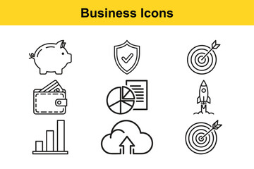 Business icons including piggy bank, shield, target, wallet, chart, rocket, and cloud symbols for finance and security concepts