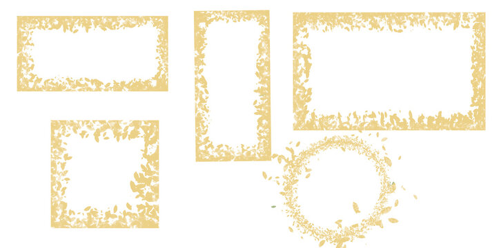 Set of golden leaf frames and borders on white background. Elegant botanical design with rectangular and circular wreath shapes, luxury floral elements for invitations, wedding cards, posters .