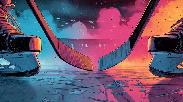 Stylized low-angle illustration of ice hockey skates and sticks facing off with vibrant blue and pink neon lighting, Heated Rivalry