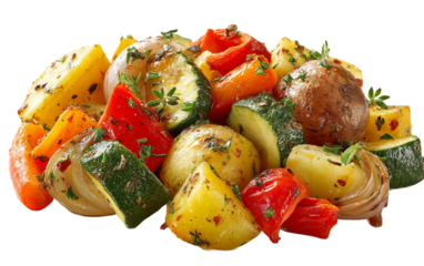 Delicious roasted vegetable medley with fresh herbs highlighting wholesome ingredients and balanced diet inspiration isolated on transparent background PNG
