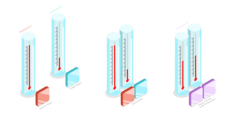 3D Isometric Flat  Illustration of Thermal Energy Concept, Diagram Illustrating Heat Transfer Stages In Physics Using Vectors For Better Understanding.