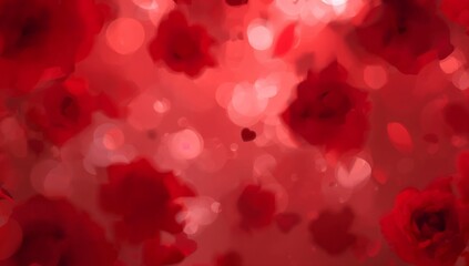 Abstract background featuring deep red rose petals floating against a soft focus warm bokeh light display signifying romance
