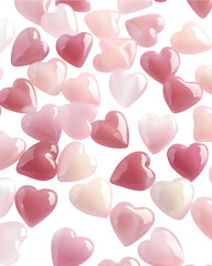 Mixed-size pastel pink hearts scattered diagonally, light depth variation, clean commercial look, isolated on white background. 