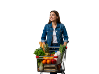 A smiling woman pushes a grocery cart overflowing with fresh vegetables, fruits, and dairy—symbolizing healthy living, mindful shopping, and the joy of nourishing your body with wholesome, vibrant foo