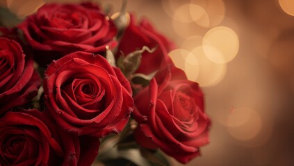 Obraz premium A close-up view of deep red roses with soft golden bokeh lights creating a romantic and beautiful floral arrangement composition