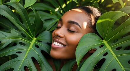 Woman smiling amidst lush green leaves in a natural setting  