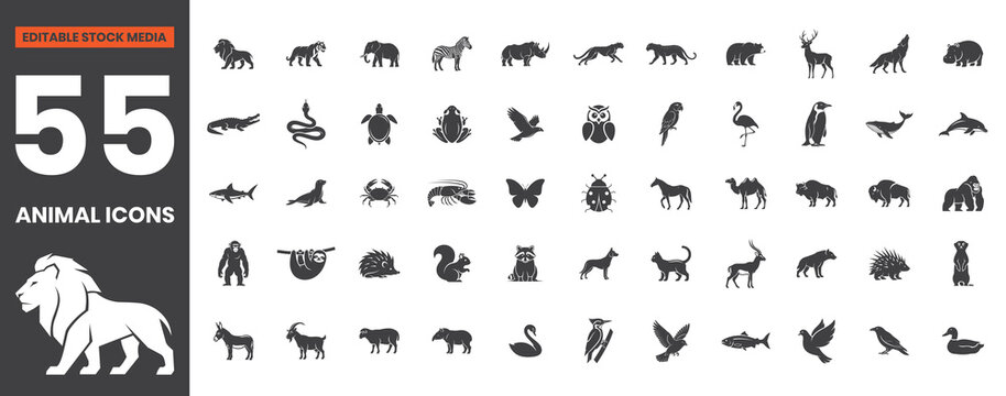 Filled Animal Icons Set Featuring Lion, Elephant, Tiger, Bear, Fox, Owl, Whale, Dolphin, Bird, Cat, Dog, Horse, Editable Vector File for Wildlife, Nature, Zoo, and Conservation Design Projects