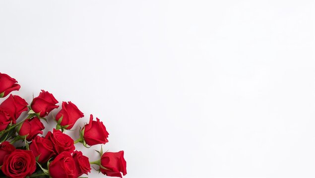 A beautiful arrangement of vibrant red roses gracefully cascades across the corner of a clean white background creating ample copy space