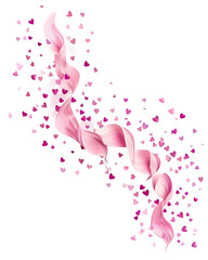 Pink paper heart confetti forming gentle wave motion, smooth lighting, isolated on white background. 