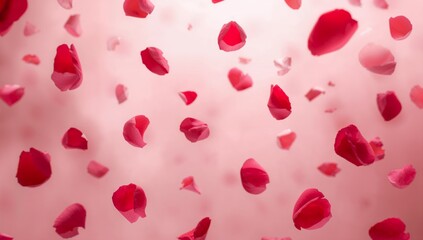 Numerous vibrant red and pink rose petals gracefully falling against a soft gradient pink background symbolizing romance.