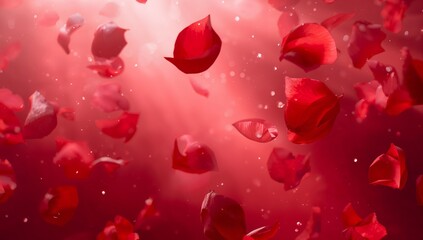 Vibrant red rose petals appear to gently float and cascade downwards creating a romantic and passionate abstract background design