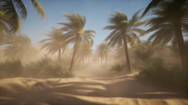 Sun-drenched desert path winding through a dense grove of palm trees, enveloped in a gentle dust haze, creating an atmospheric and serene arid landscape
