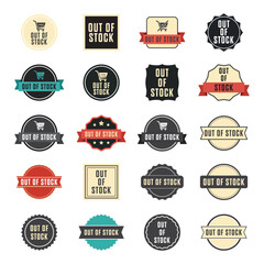 Editable Vector Out of Stock Badges Sheet for E-Commerce Products, Sold Out, Unavailable, Inventory Labels, Digital Design, Notification Stickers, Promotional Use