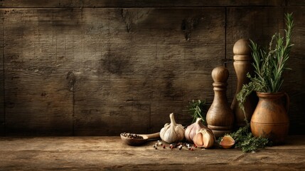 Rustic wooden table with spices, herbs, garlic bulbs, and kitchen utensils in natural lighting for culinary and cooking themes