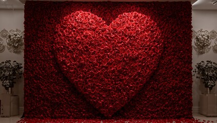 Magnificent deep red rose wall display featuring a prominently highlighted heart shape perfect for romantic events and celebrations