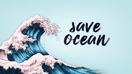 A stylized wave illustration with the text "save ocean," promoting ocean conservation and awareness.