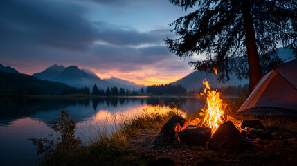 Serene camping scene featuring glowing campfire in front of tent, tranquil lake and mountains background during twilight, peaceful evening outdoor setting, with copy space
