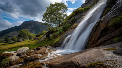 Obraz premium Captivating waterfall cascading down rocky cliffs surrounded by lush greenery, cloudy sky, serene refreshing atmosphere, nature water feature, with copy space