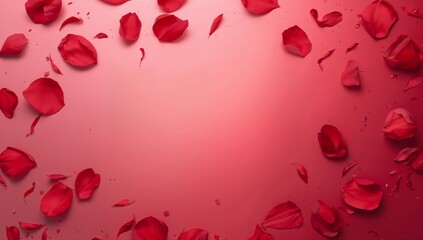 Vibrant deep red rose petals scatter across a rich gradient background creating a beautiful romantic border design element.