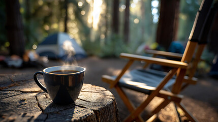 Cozy campsite scene featuring steaming coffee cup on stump, faceless camping setup with folding chair and tent, tall trees peaceful forest background, with copy space