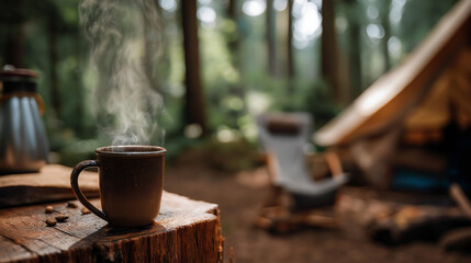 Cozy campsite scene featuring steaming coffee cup on stump, faceless camping setup with folding chair and tent, tall trees peaceful forest background, with copy space