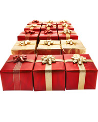 Row of red and gold Christmas gift boxes aligned evenly, strong symmetry, isolated on white background. 