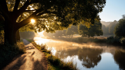 Tranquil path along river at sunrise surrounded by mist and trees, serene picturesque natural scene, morning water photography, with copy space