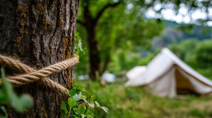 Rustic scene featuring tree with rope tied around trunk, defocused tent and lush greenery backdrop, blurred camping background, natural outdoor setting, with copy space