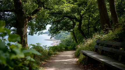 Fototapeta premium Tranquil path leading through lush trees to scenic sea view, solitary bench visible, peaceful contemplation invitation, coastal forest trail, with copy space