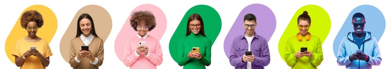 Obraz premium Diverse group of people using phones on colorful backgrounds