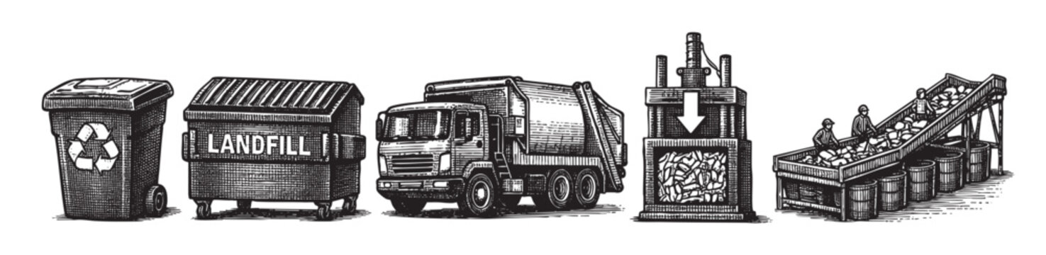 A vintage illustration depicts a recycling bin, landfill bin, garbage truck, compactor, and conveyor belt with workers processing waste, symbolizing waste management and environmental responsibility.