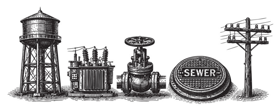 A collection of vintage black and white line art illustrations depicting essential industrial infrastructure elements, including a water tower, electrical substation, large pipe valve, manhole cover, 
