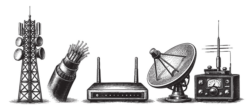 This vintage-style woodcut illustration features various communication devices including a cell tower, fiber optic cables, a router, a satellite dish, and a radio, set against a clean white background