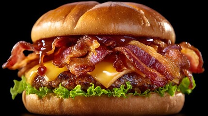 Bacon Cheeseburger With Crispy Bacon Strips And Glossy Sauce Details
