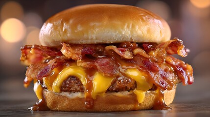 Bacon Cheeseburger With Crispy Bacon Strips And Glossy Sauce Details